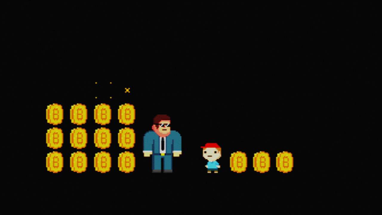 videogame graphic of a man in a suit & little boy